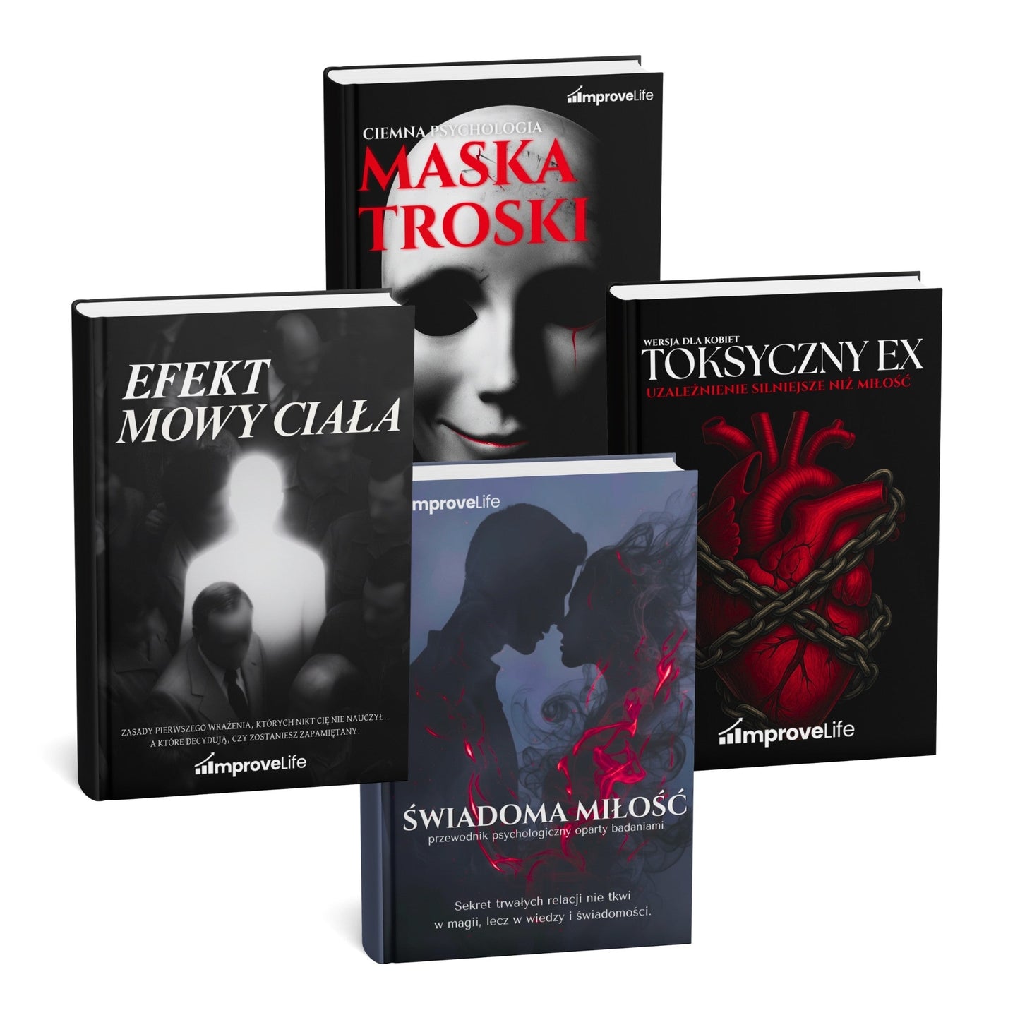 ZESTAW CZTERECH EBOOKÓW - EFEKT MOWY CIAŁA + MASKA TROSKI + TOKSYCZNY EX + ŚWIADOMA MIŁOŚĆ